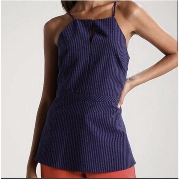 Banana Republic Navy Blue Stripe Sadie High Neck Peplum Top Camisole Tank 2 - Picture 9 of 9